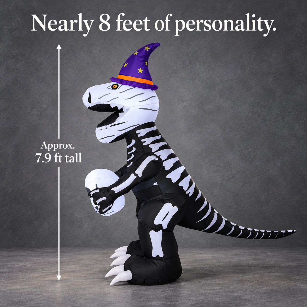 White Ghost inflatable with a skeleton dinosaur design, purple hat, and illuminated skull ball
