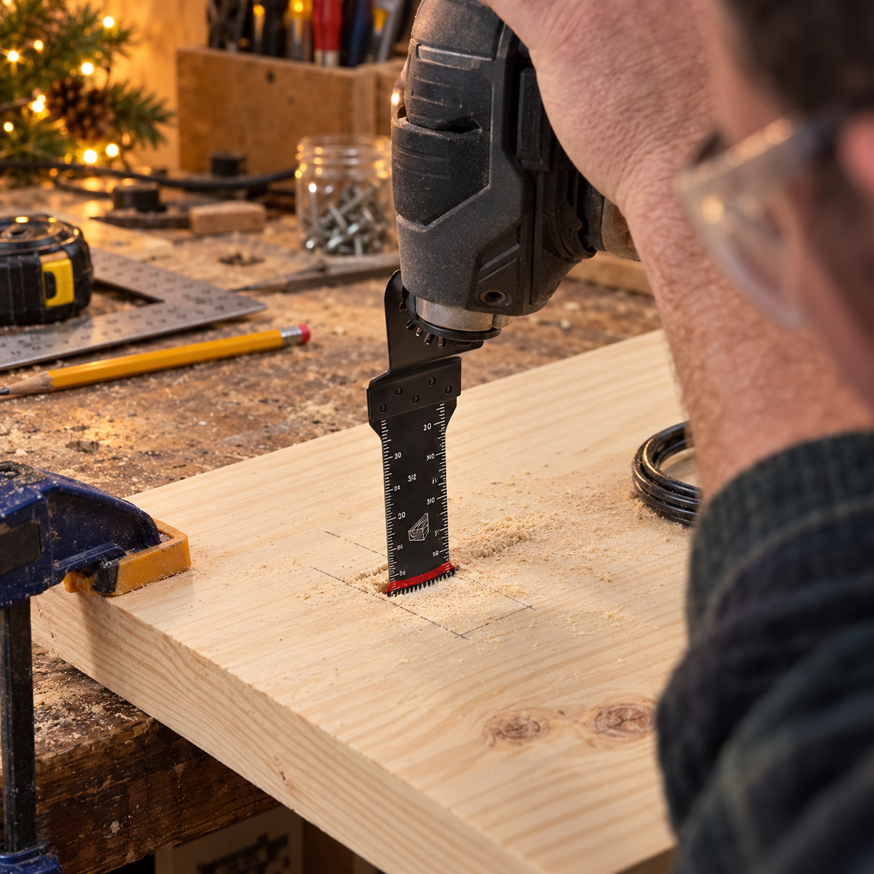Oscillating saw blade making a controlled plunge cut in a pine shelf board
