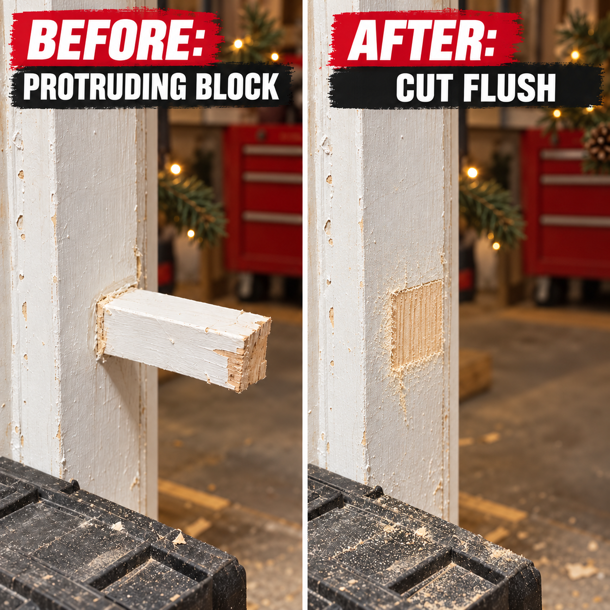 Before and after comparison showing a protruding wood block cut flush with the same post