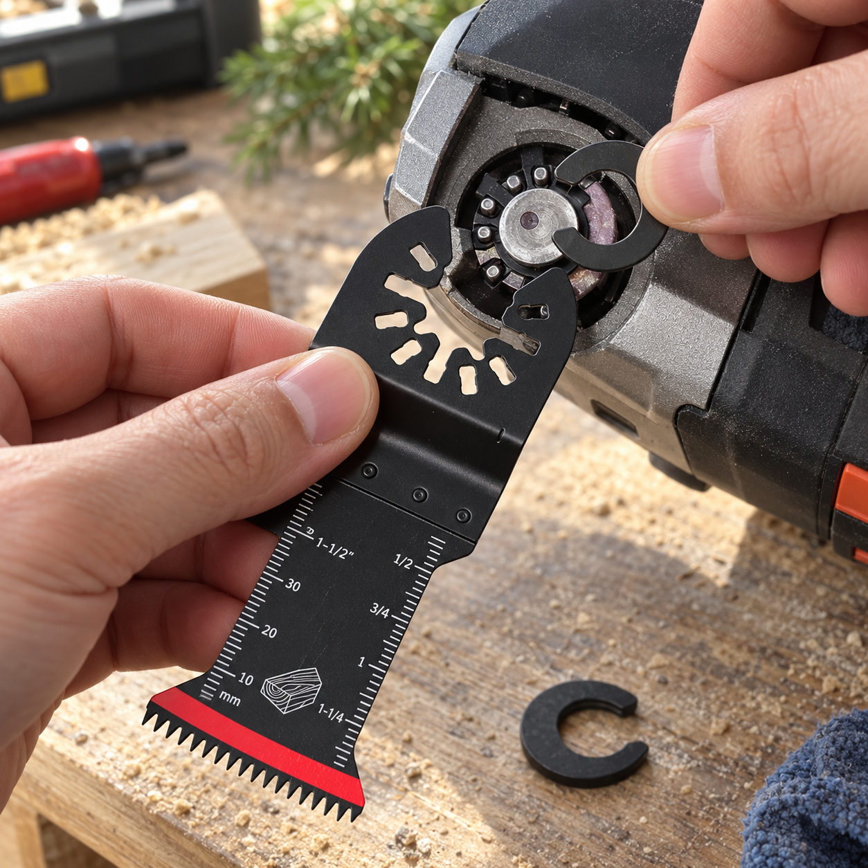 Close view of the open blade interface aligned with an oscillating tool arbor