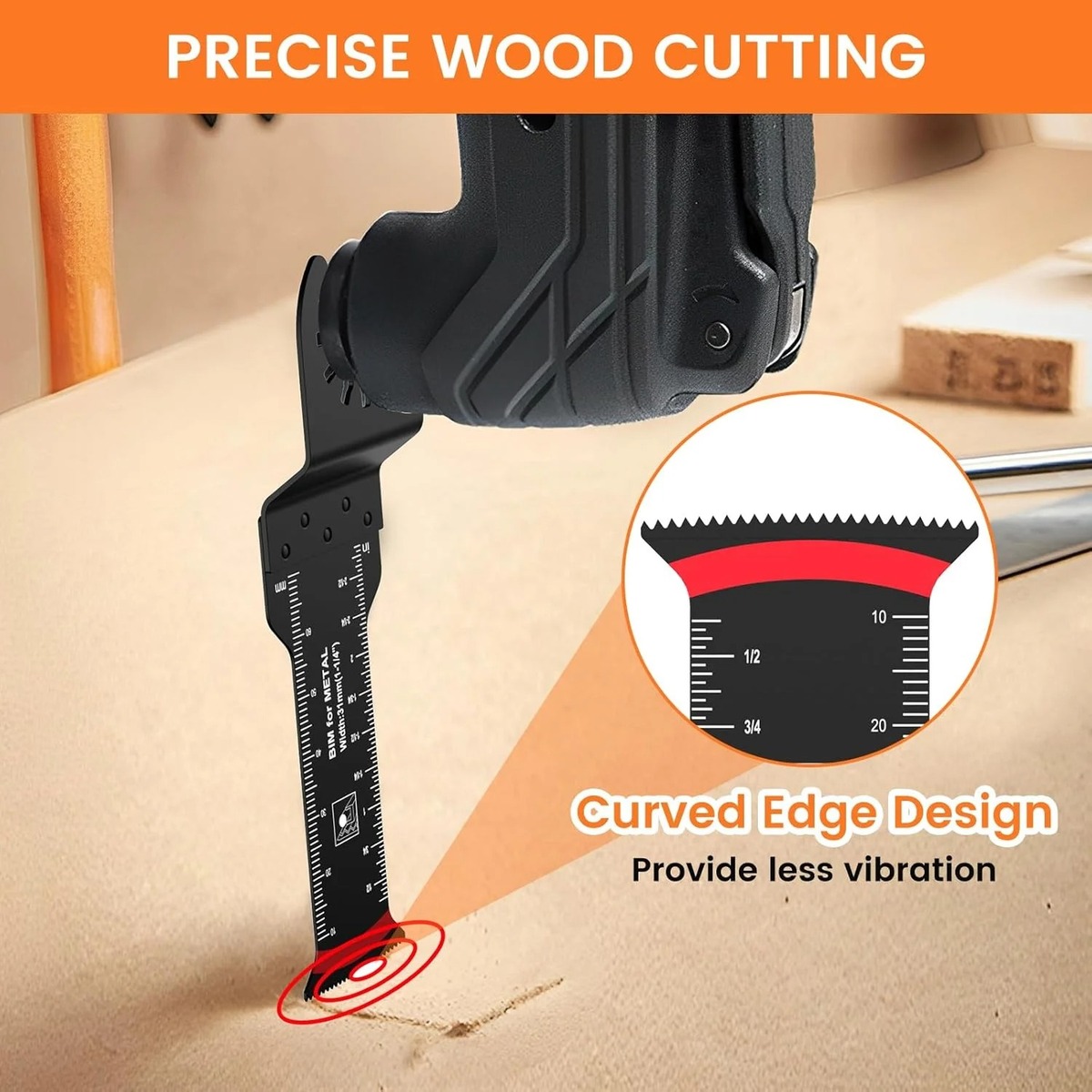 Curved cutting edge making a precise wood cut with reduced vibration