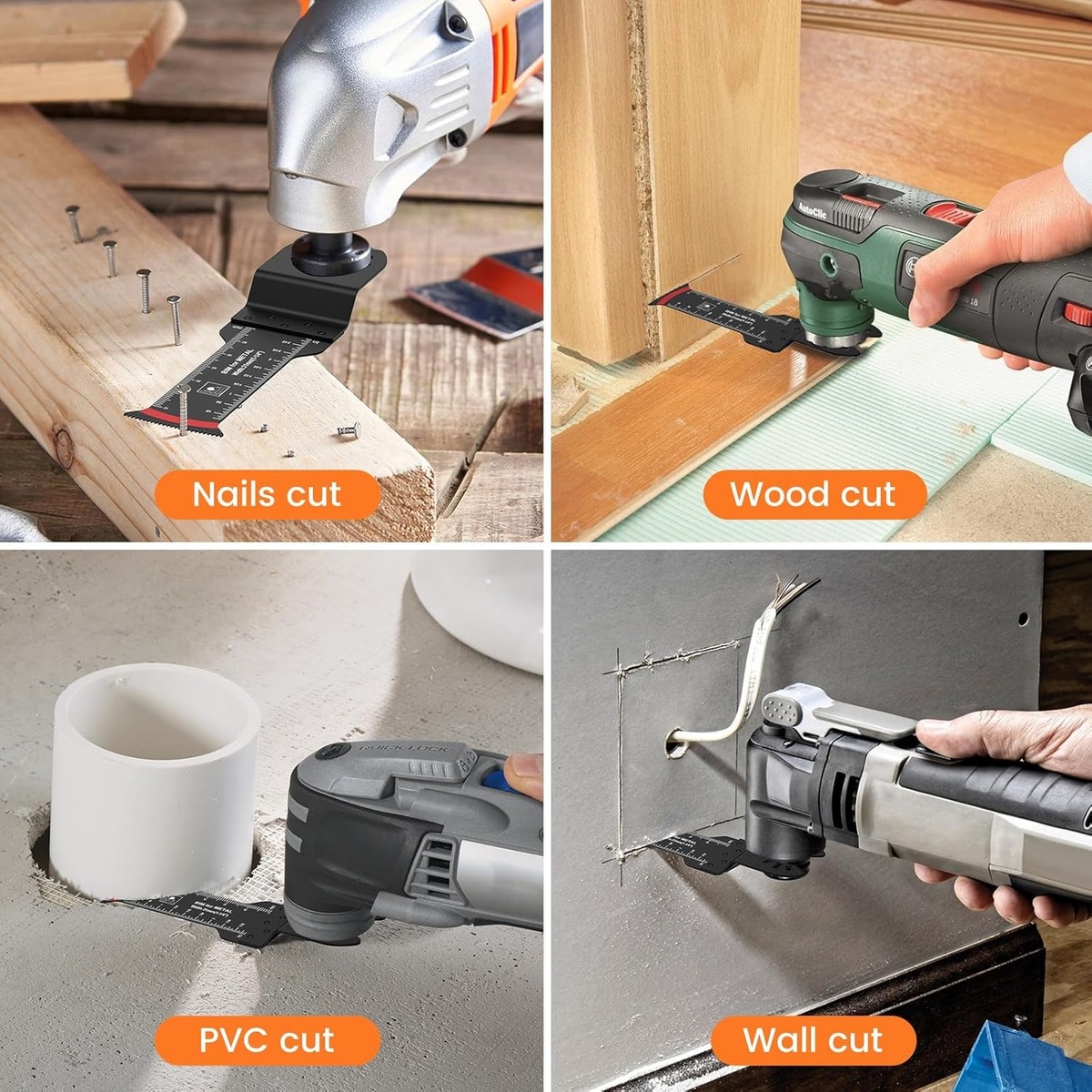 Blade applications for nails, wood, PVC and wall access cuts