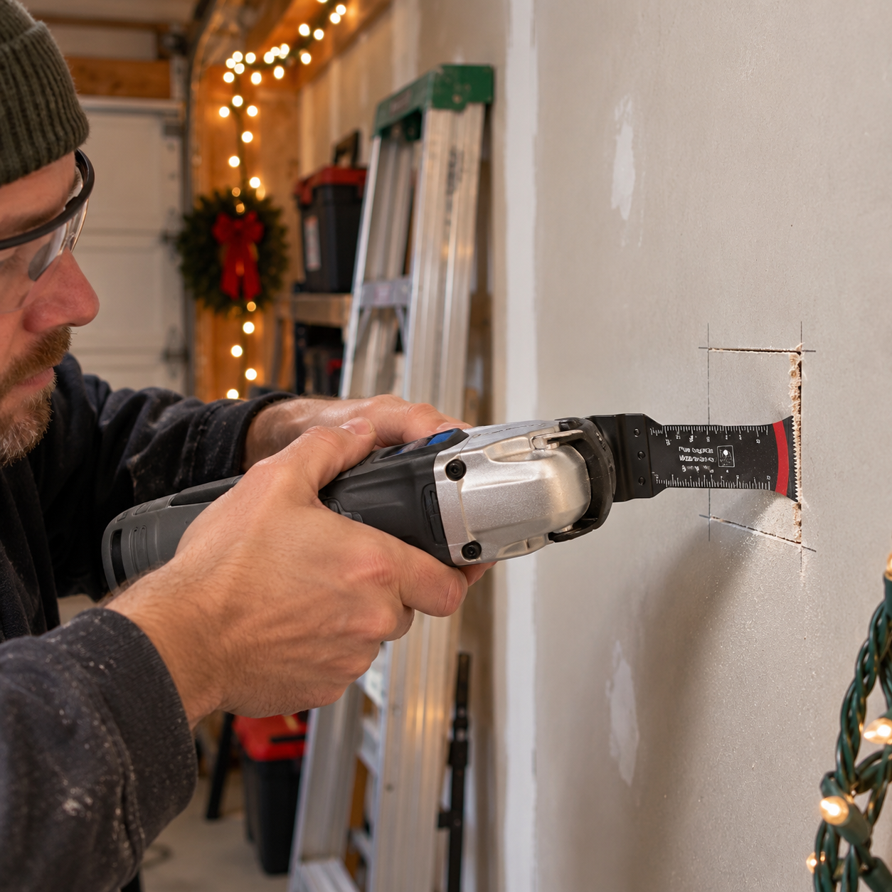 Oscillating saw blade making a small access opening in drywall