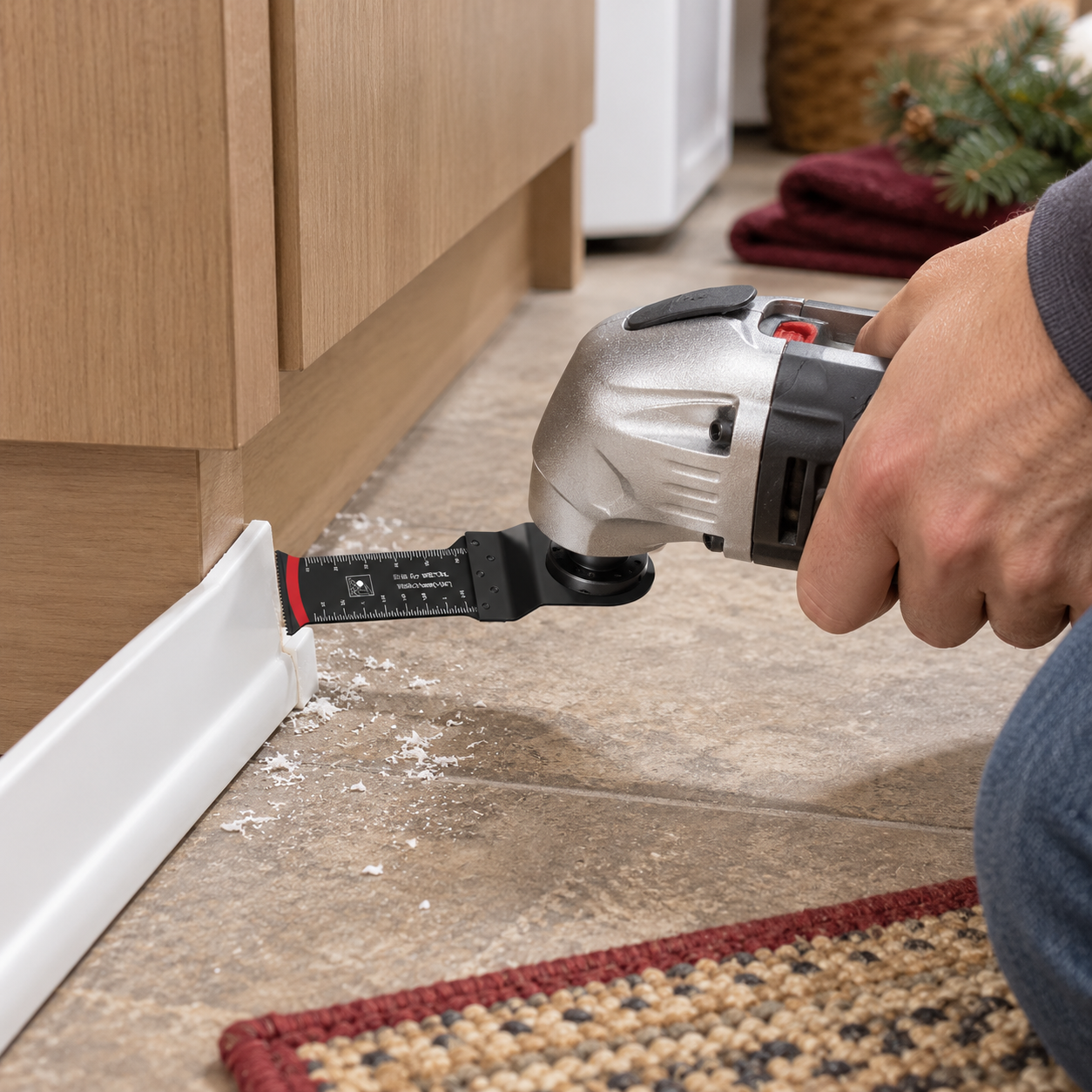 Oscillating saw blade trimming PVC molding at a cabinet toe kick