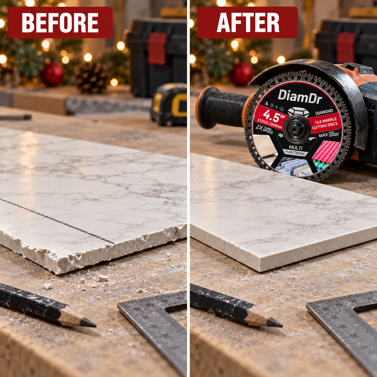 Before and after tile edge comparison under matching workshop conditions