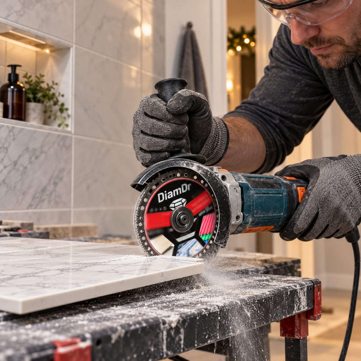 Diamond cutting disc trimming bathroom tile on a stable work surface