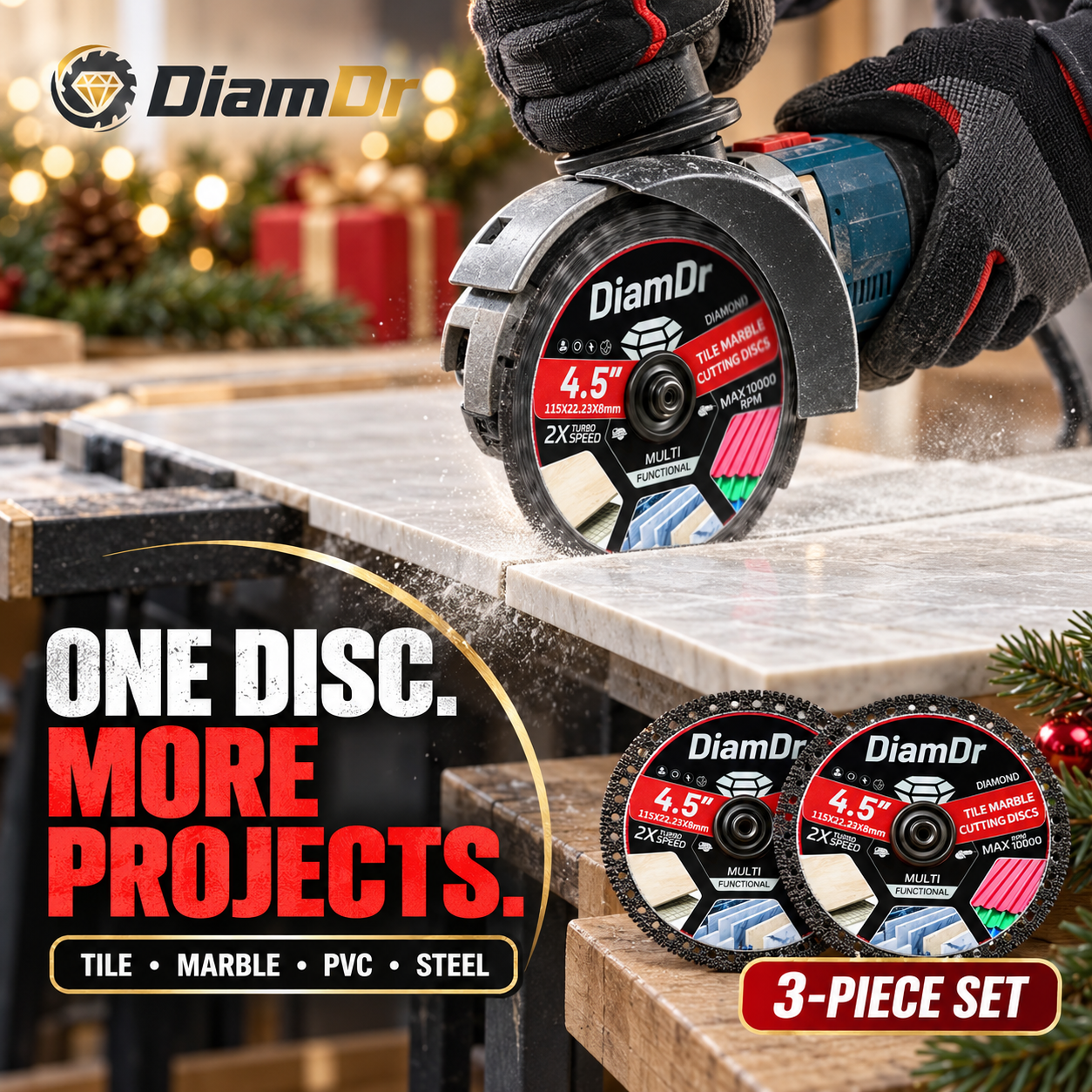 One 4.5-inch diamond cutting disc trimming tile with two matching spare discs