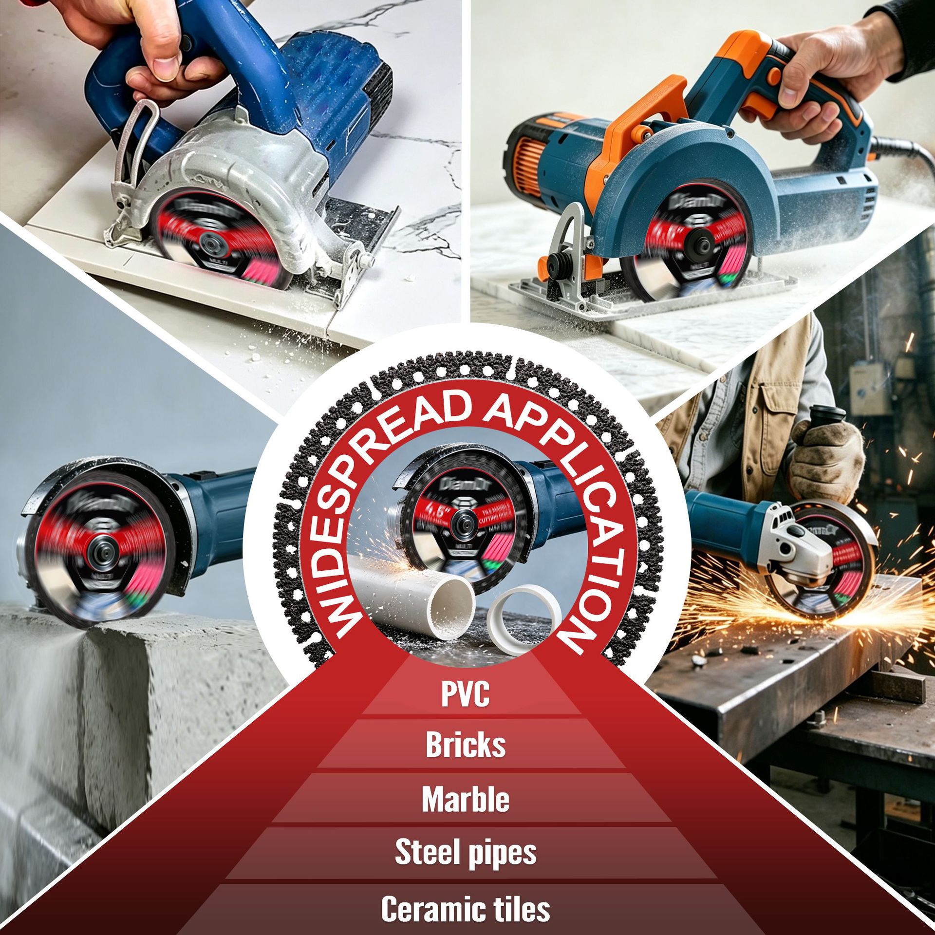 Diamond cutting disc applications across tile, marble, brick, PVC and steel