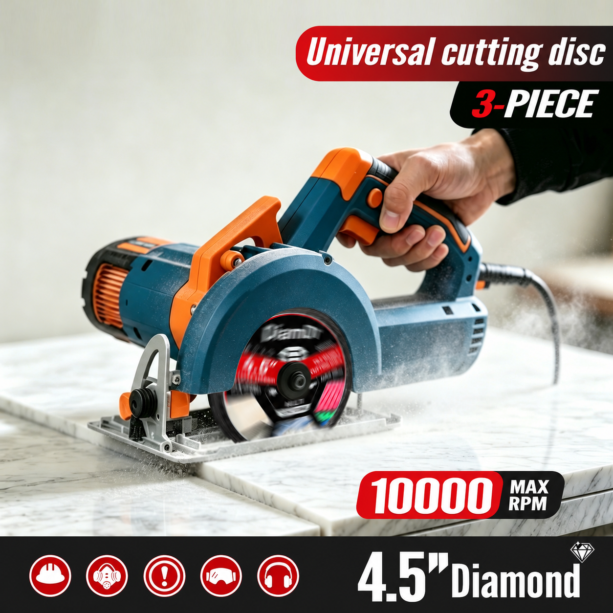 Mounted diamond cutting disc making a controlled cut in tile