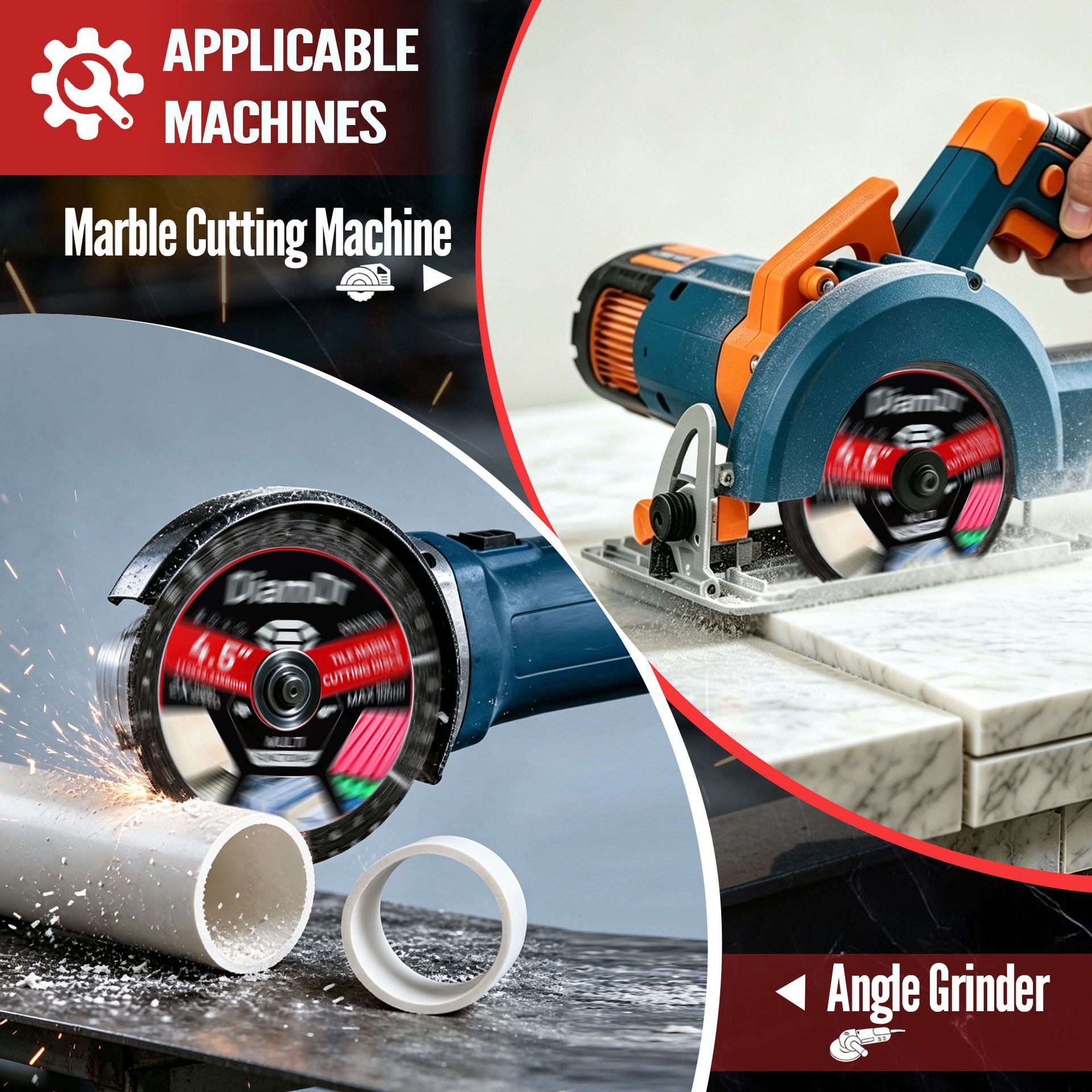 Diamond cutting disc shown with compatible guarded cutting tools