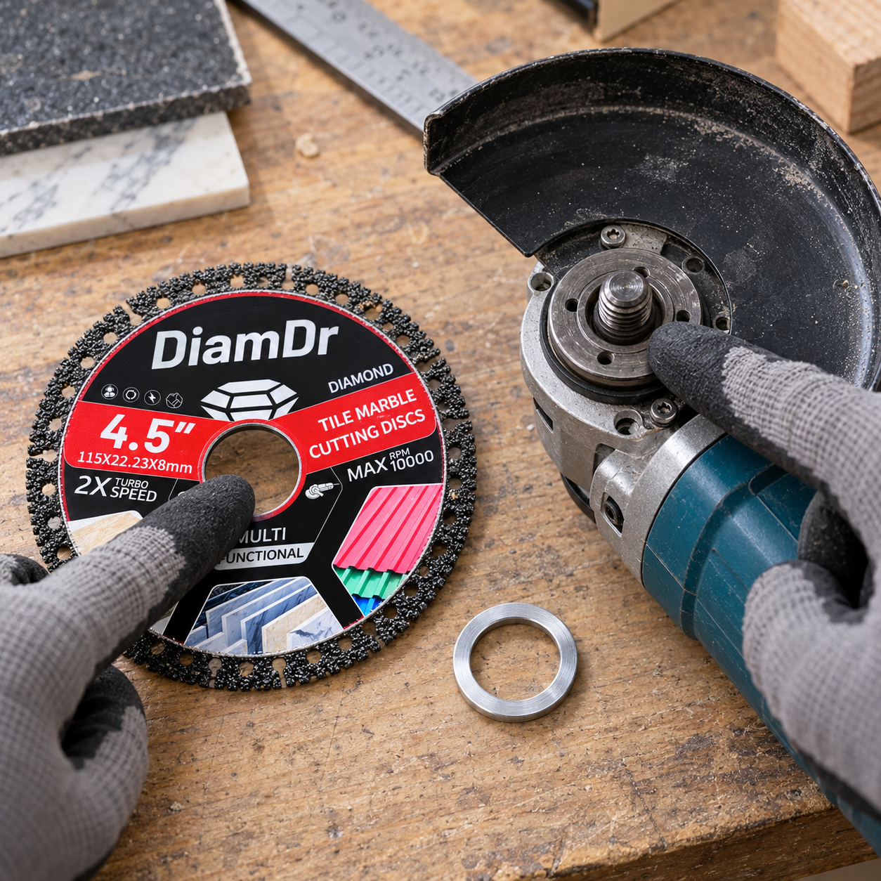 Disc center bore, reducer ring, and compatible tool arbor shown separately