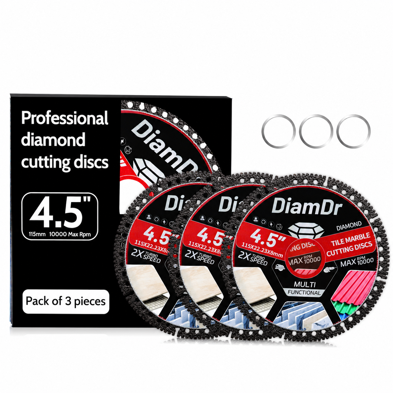 Three-piece diamond cutting disc set with three reducer rings