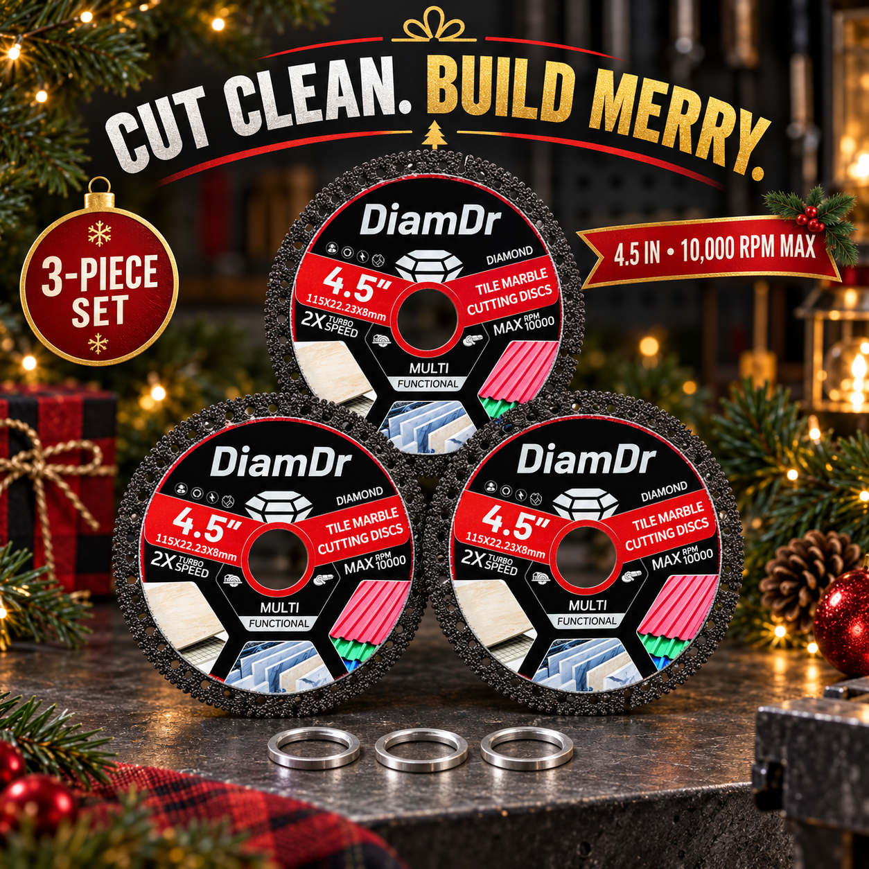 Three black-and-red 4.5-inch diamond cutting discs in a Christmas workshop setting