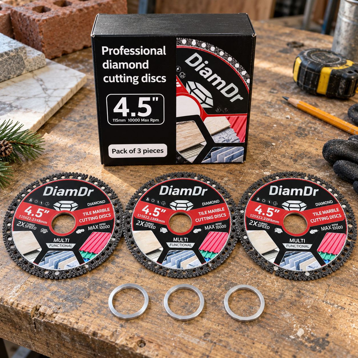 Three matching diamond cutting discs and three reducer rings beside the package