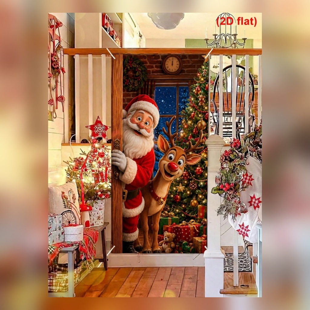 Flat printed Christmas door cover in a holiday room setting