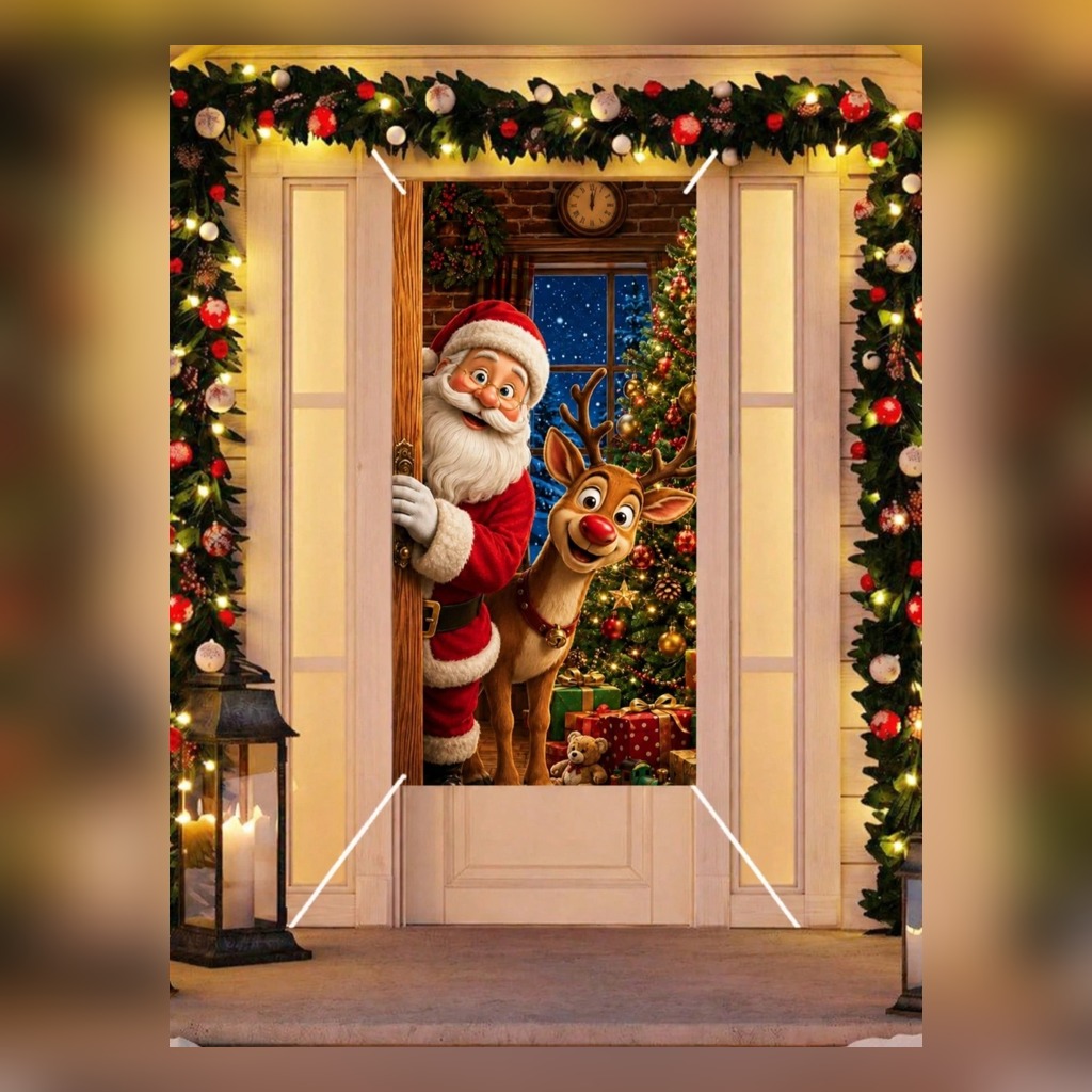 Santa and reindeer Christmas door cover on a decorated entrance