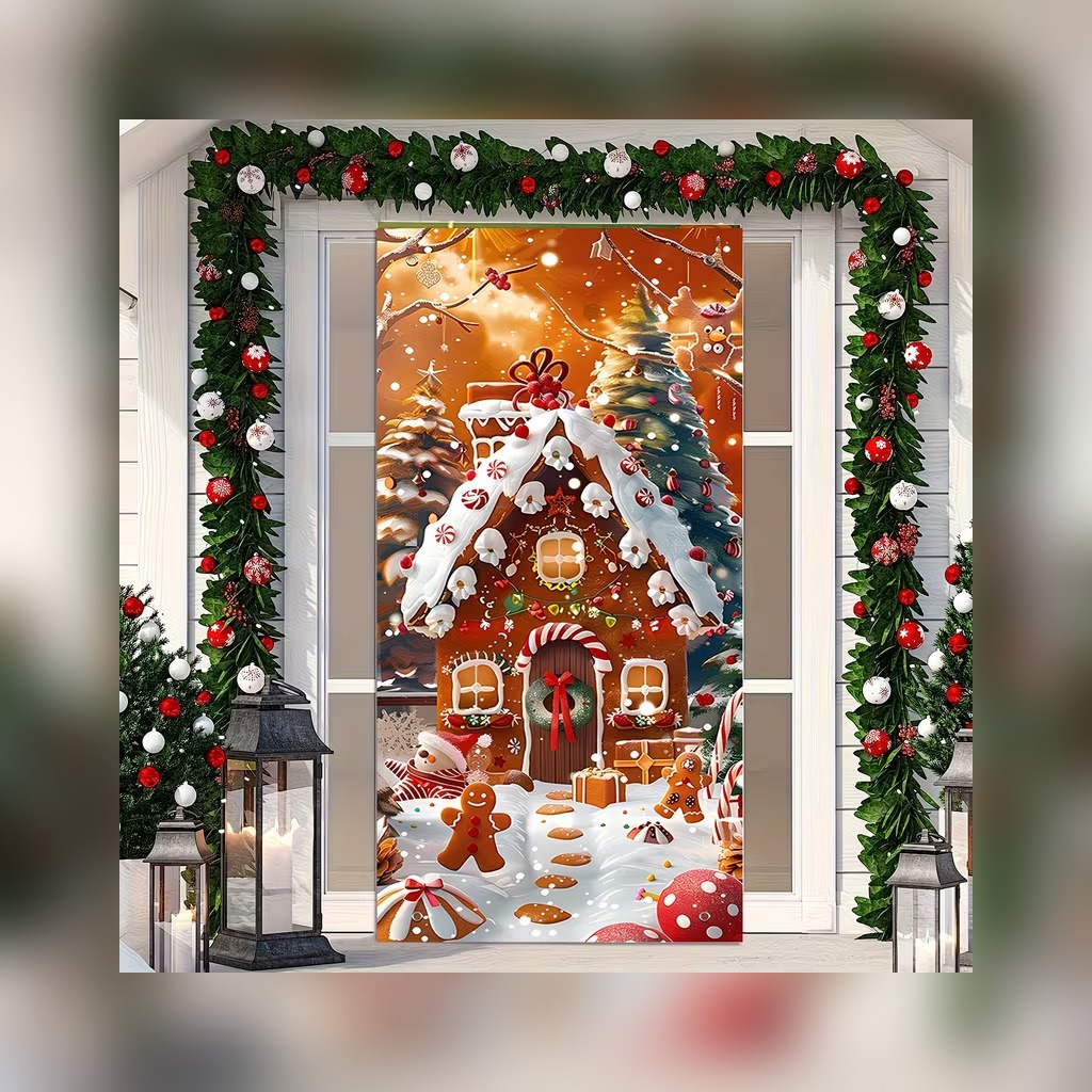 Gingerbread house Christmas door cover design
