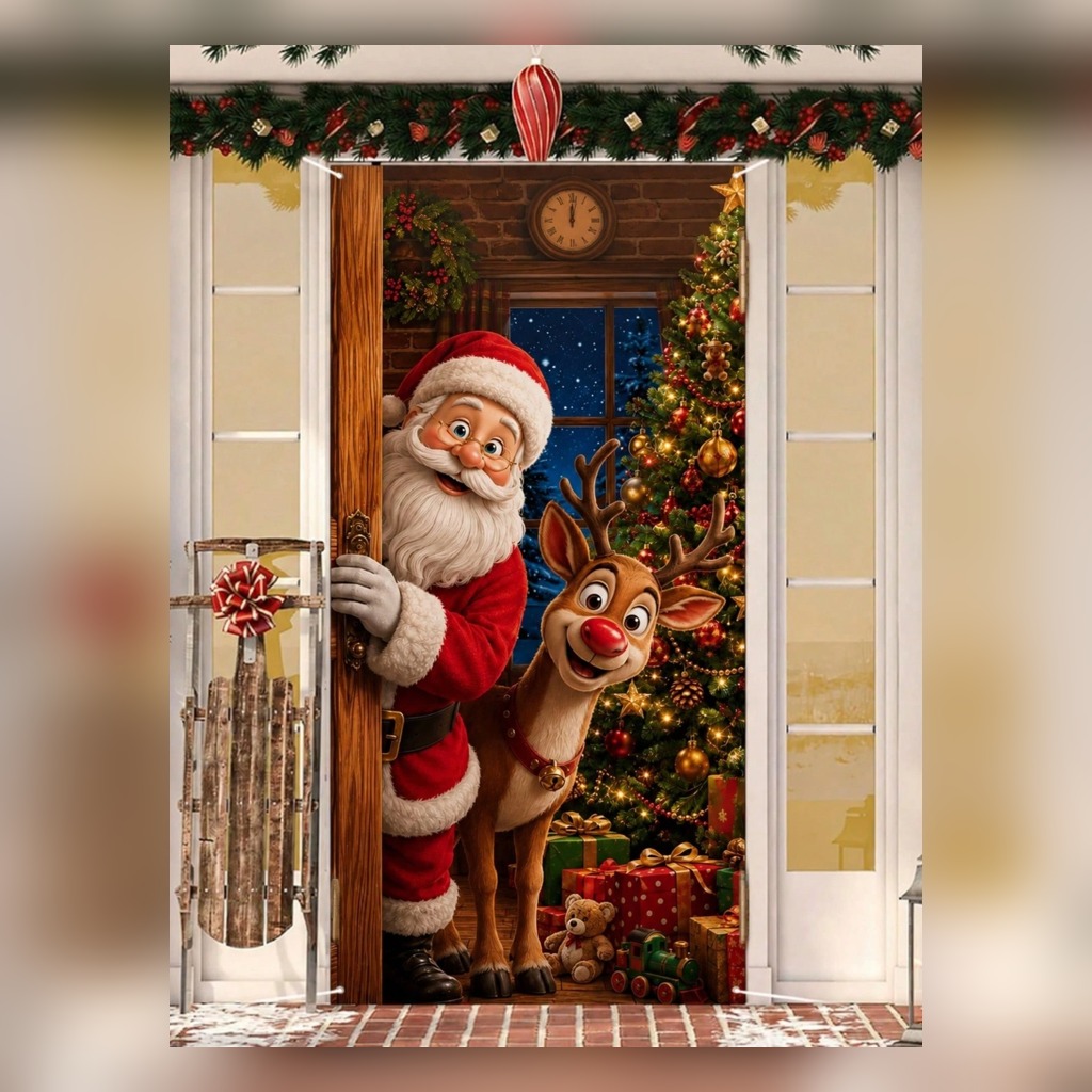 Santa and reindeer door cover displayed with Christmas decor