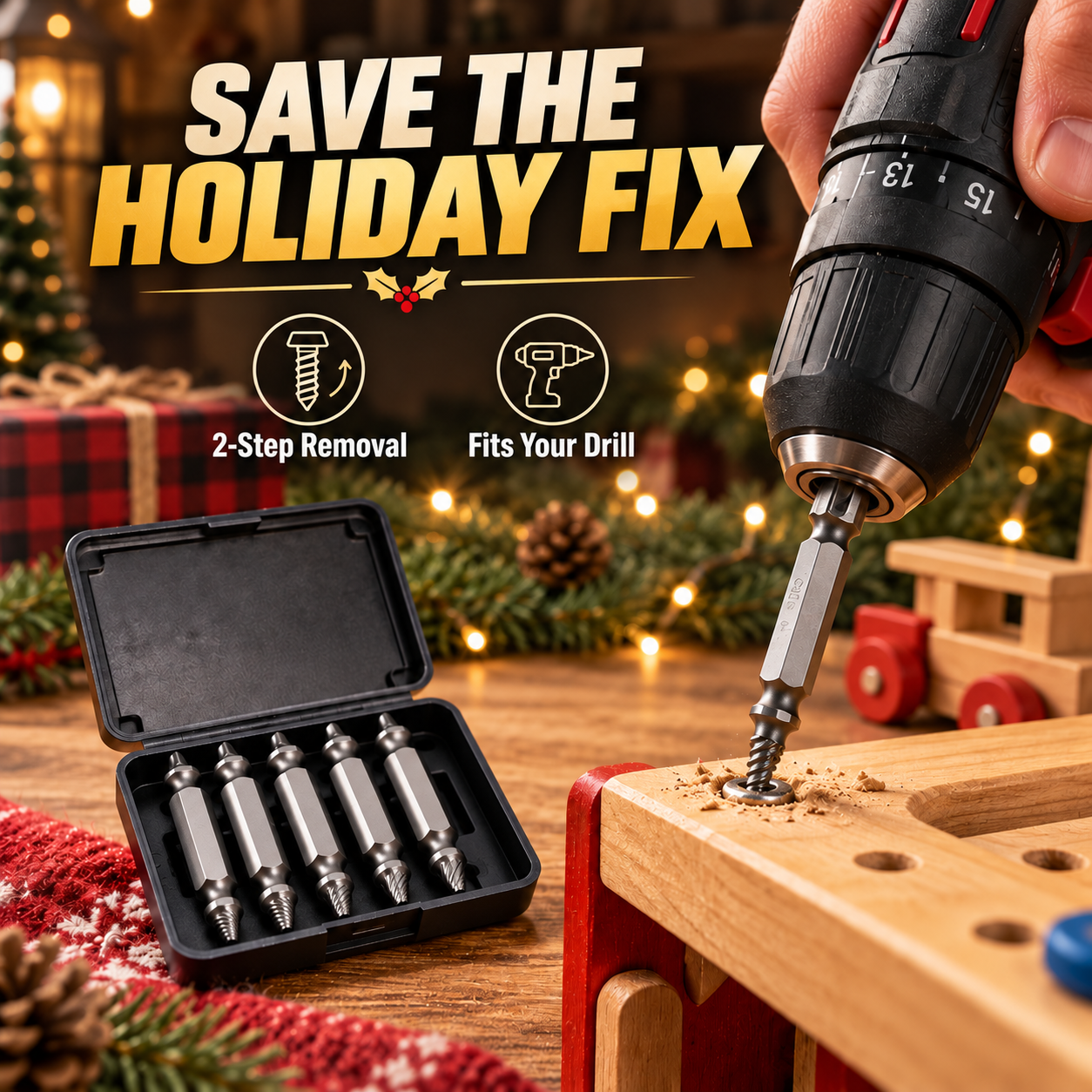 Six-piece double-ended screw extractor set in a Christmas workshop repair scene