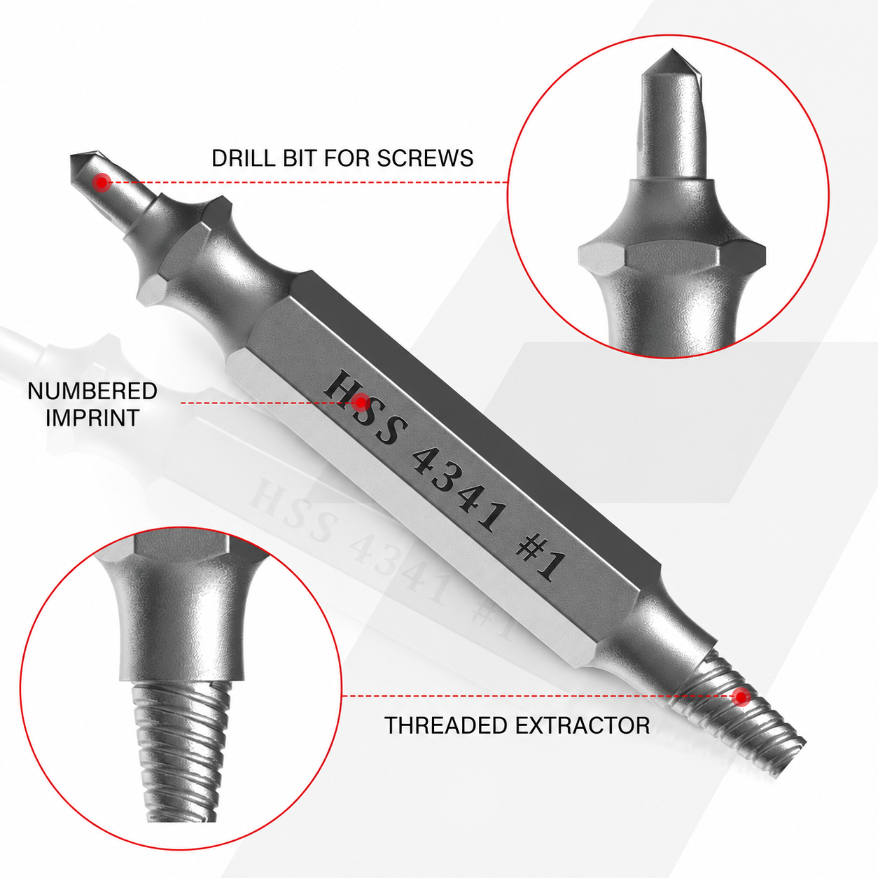 HSS 4341 double-ended screw extractor with drill tip and threaded extractor close-ups