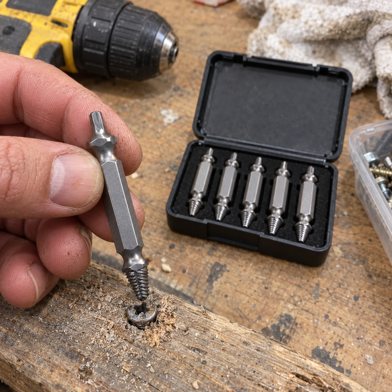 Close-up showing the drill end and reverse-spiral extraction end