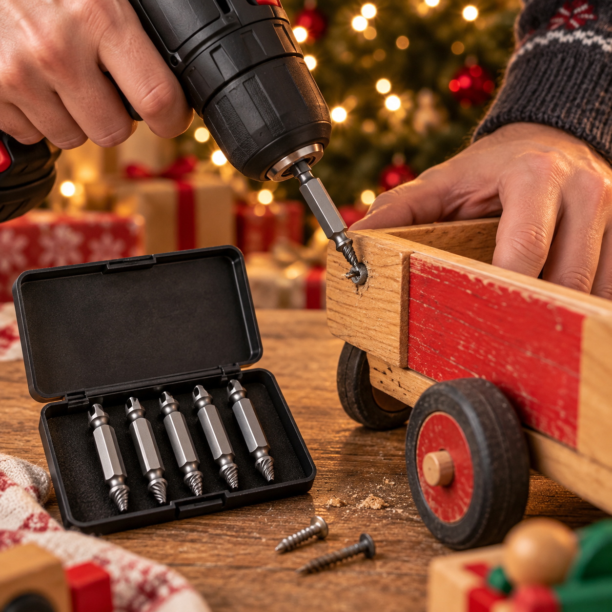 Parent removing a stripped screw from a wooden toy wagon