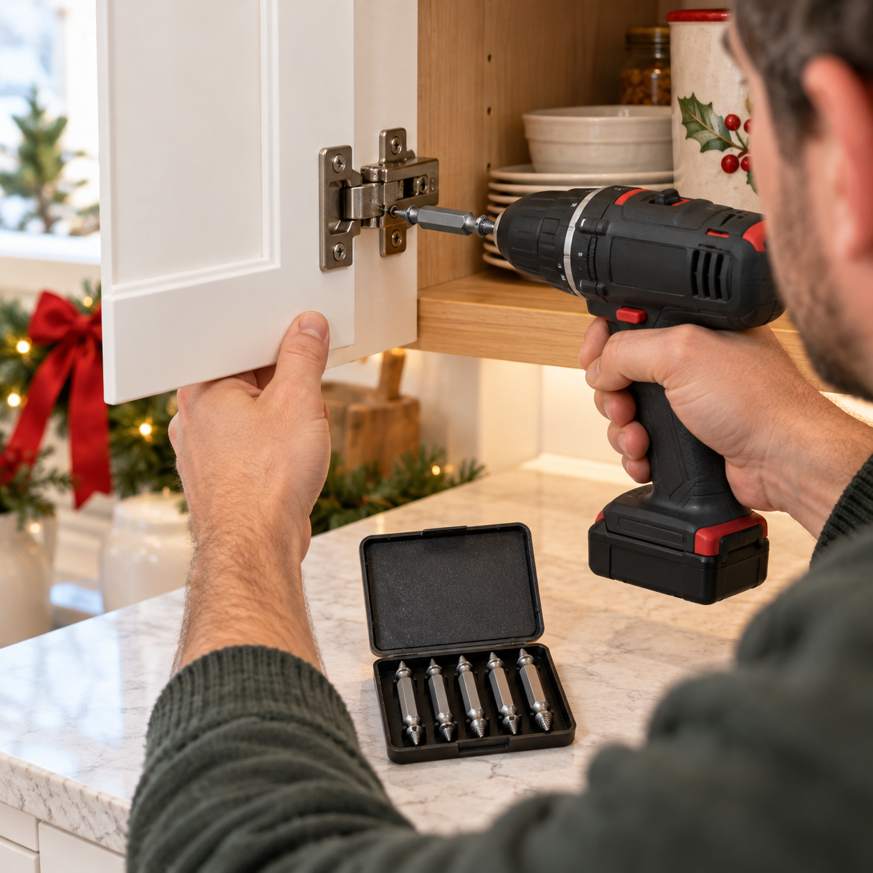 Homeowner removing a damaged cabinet hinge screw