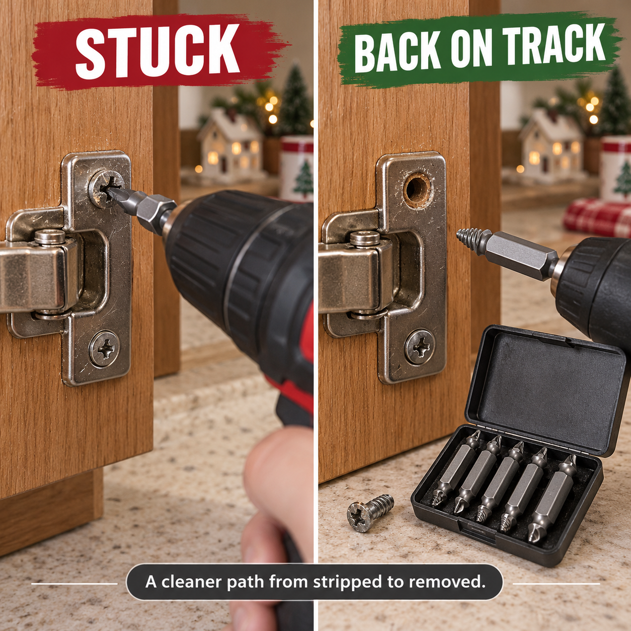Before and after comparison of a stripped hinge screw being removed with a double-ended extractor