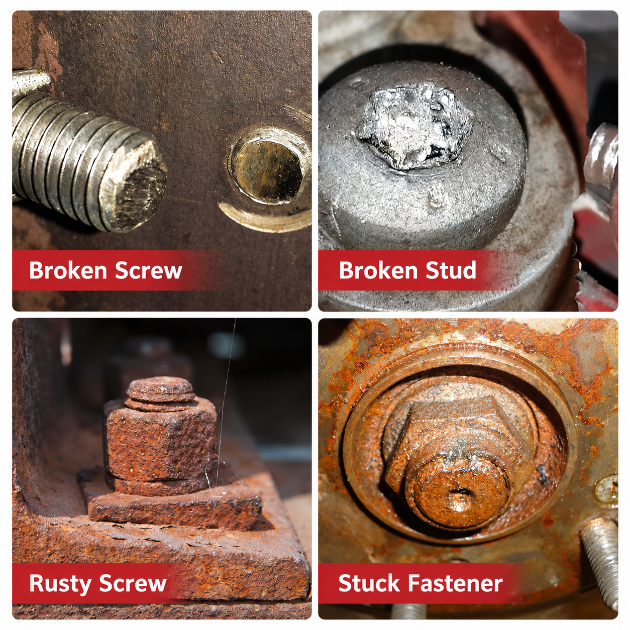 Examples of a broken screw, broken stud, rusty screw, and stuck fastener