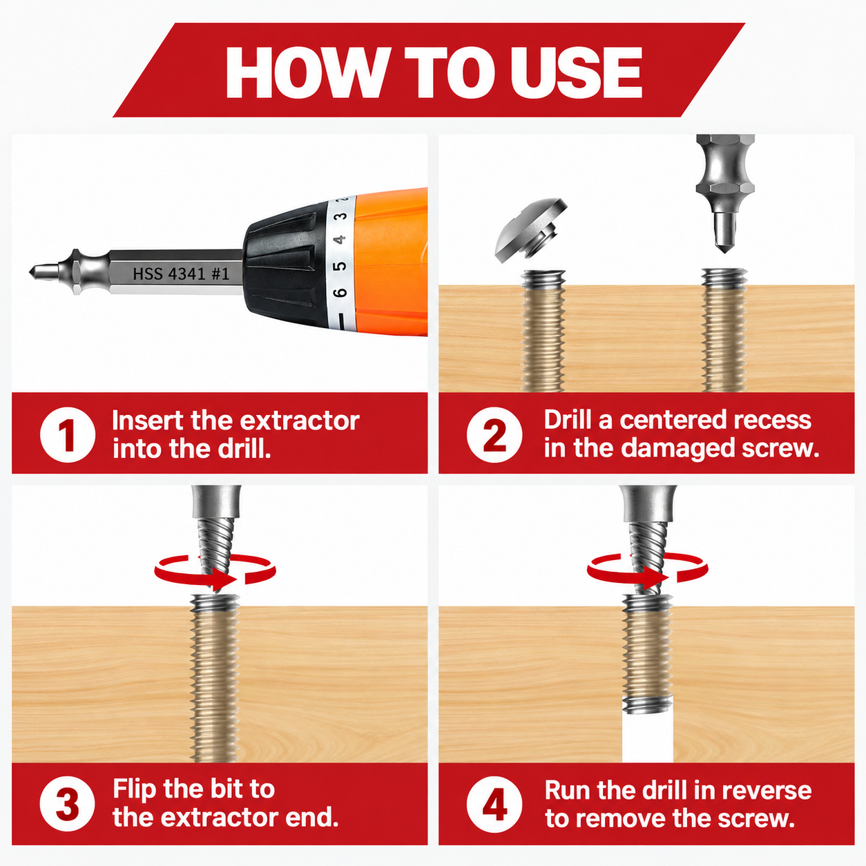Four-step guide for drilling a centered recess and extracting a damaged screw in reverse