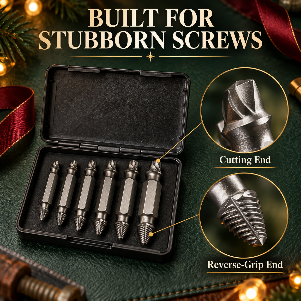 HSS-style screw extractor cutting end and reverse-grip end close-up