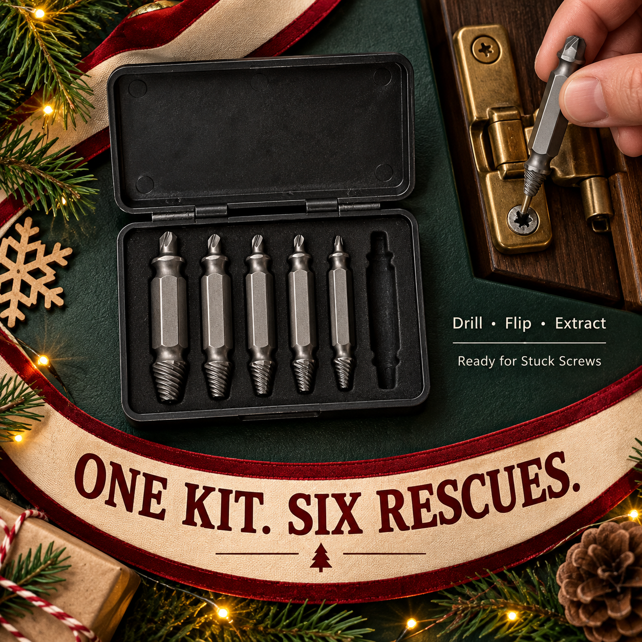 Silver screw extractor set and black case in a Christmas flat lay