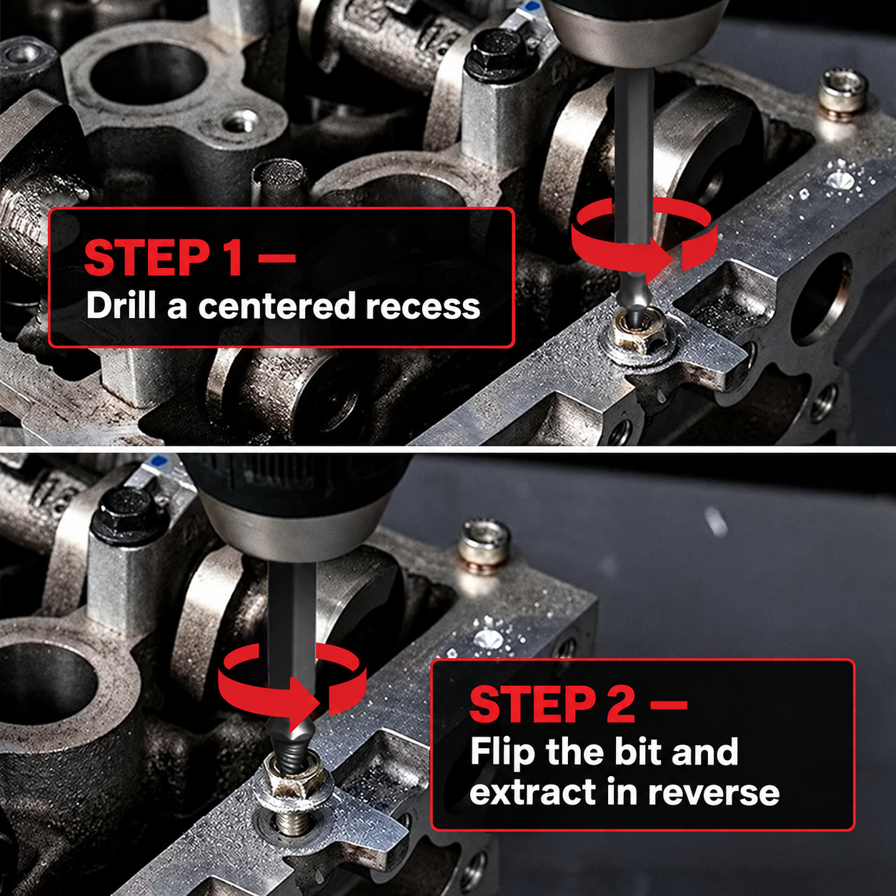 Two-step workshop demonstration: drill a centered recess, flip the bit, and extract in reverse