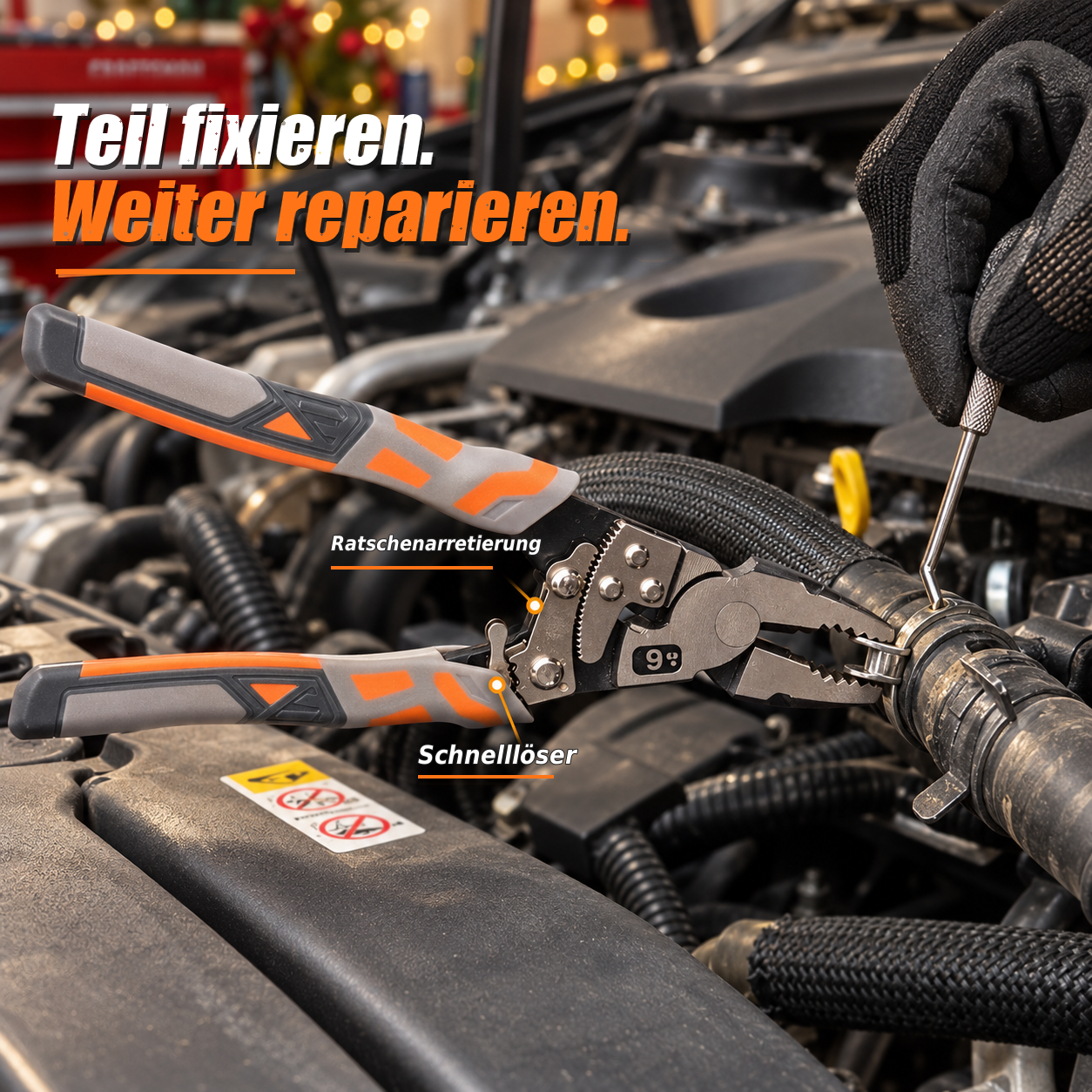 Ratschenzange hält eine Metallschelle im Motorraum