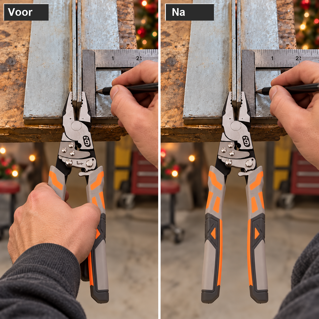 Voor-en-na-vergelijking van een gewone tang en een zelfborgende rateltang op een metalen werkstuk