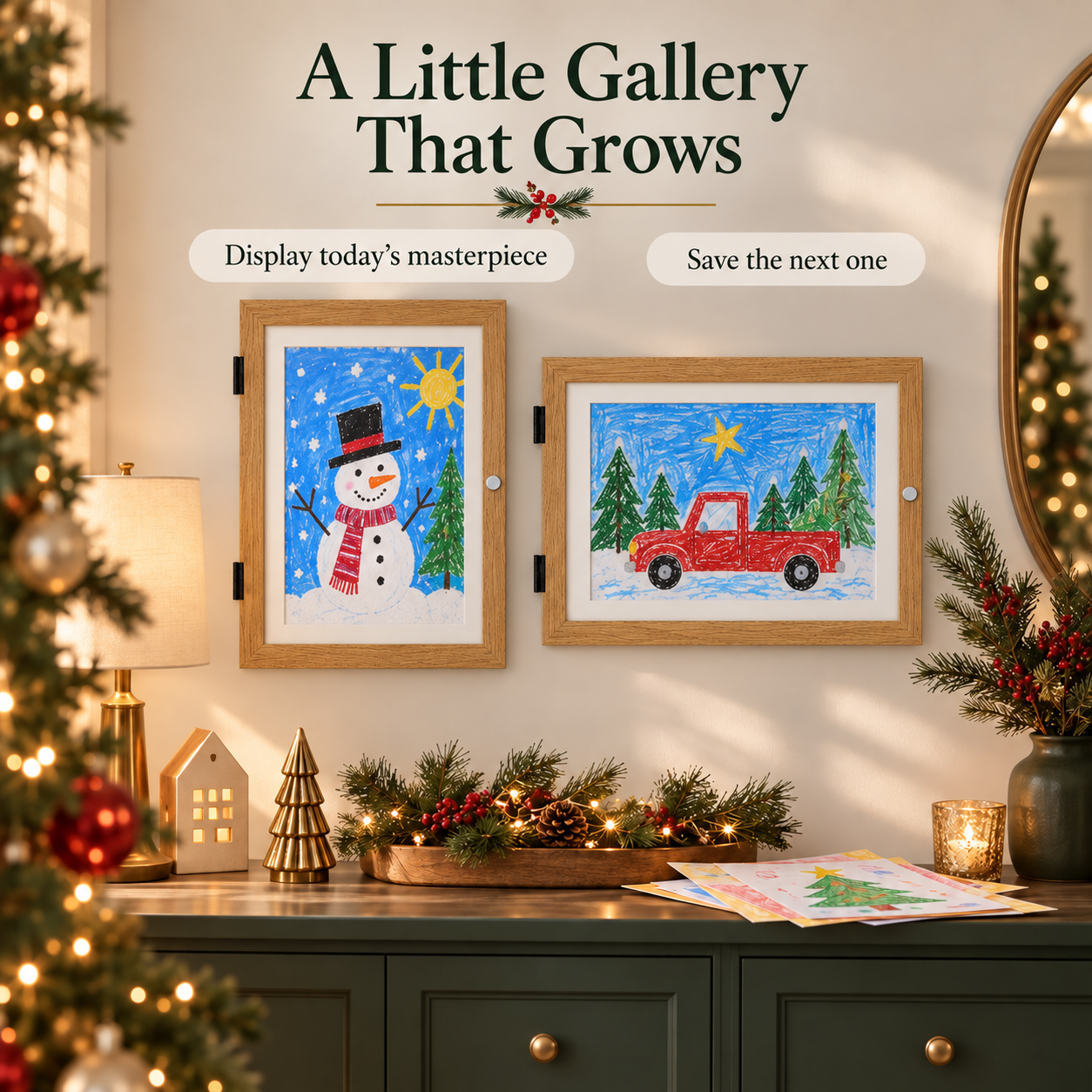 A4 portrait and landscape kids artwork frames on a Christmas gallery wall