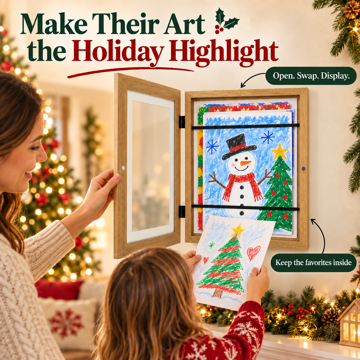 A4 portrait wood hinged artwork frame opened to change a Christmas drawing