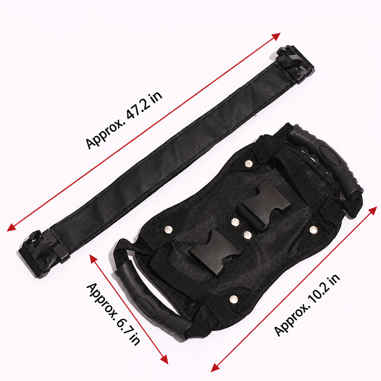 Product dimensions showing an approximately 47.2 inch belt and a 10.2 by 6.7 inch padded panel