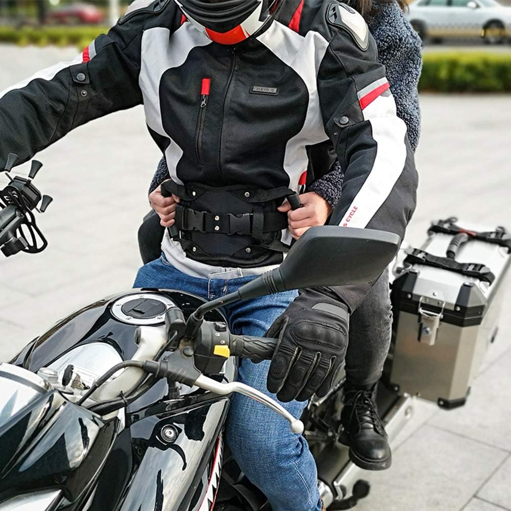 Supplied real-use photo of an adult passenger holding the waist-mounted grips on a motorcycle