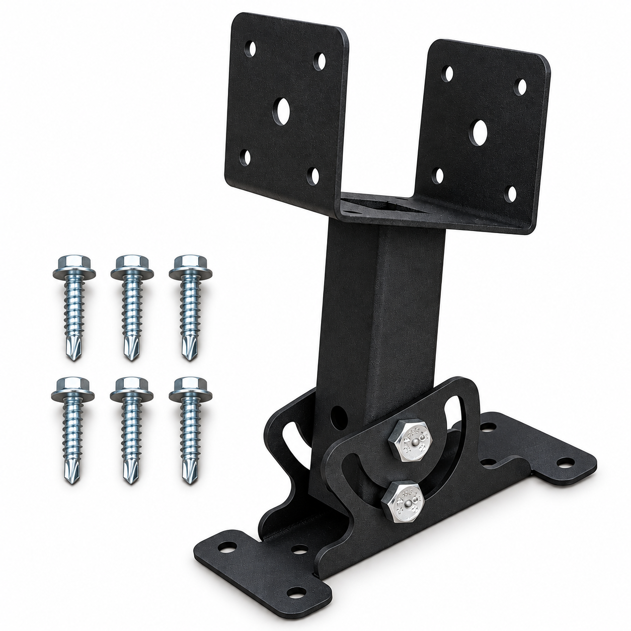 White-background package reference showing one black roof riser bracket and six installation screws