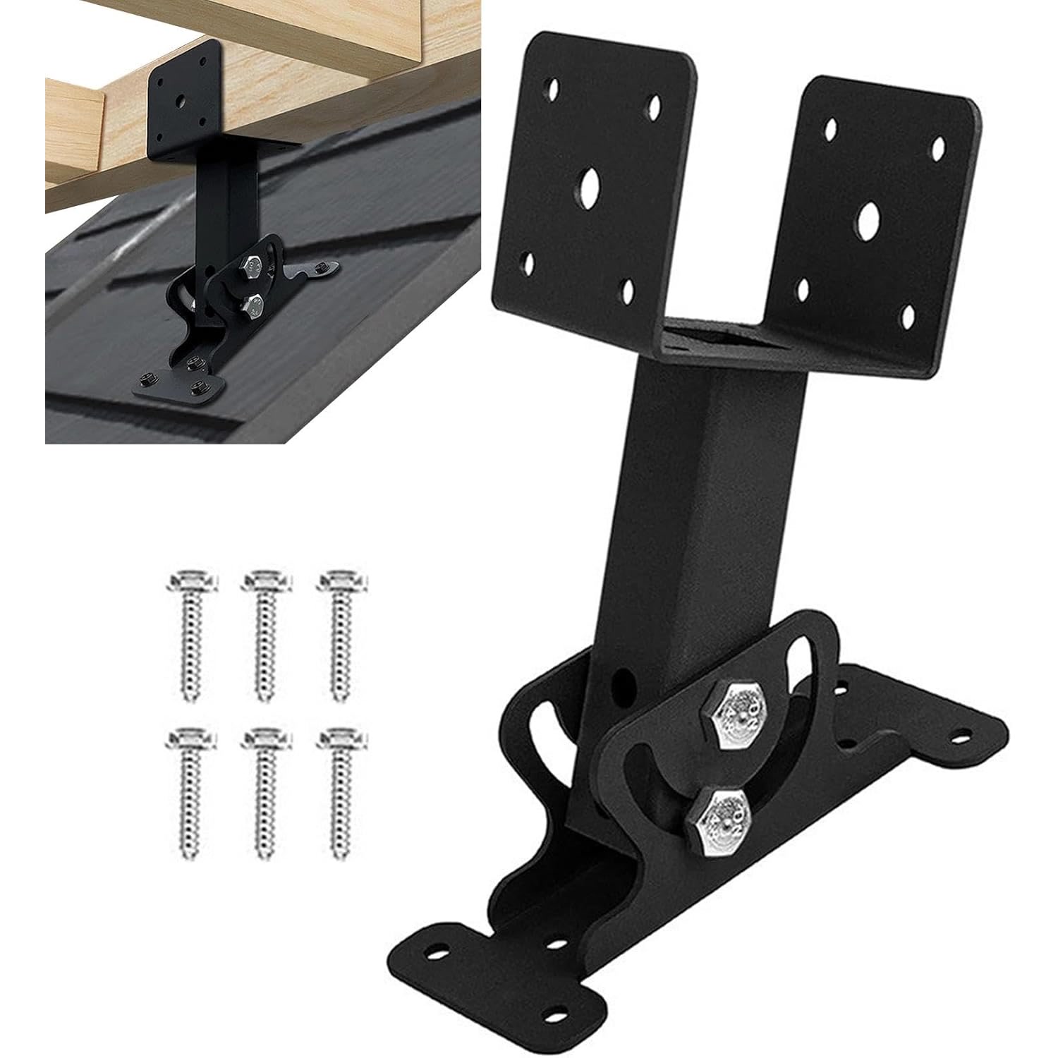 One black adjustable roof riser bracket with six installation screws