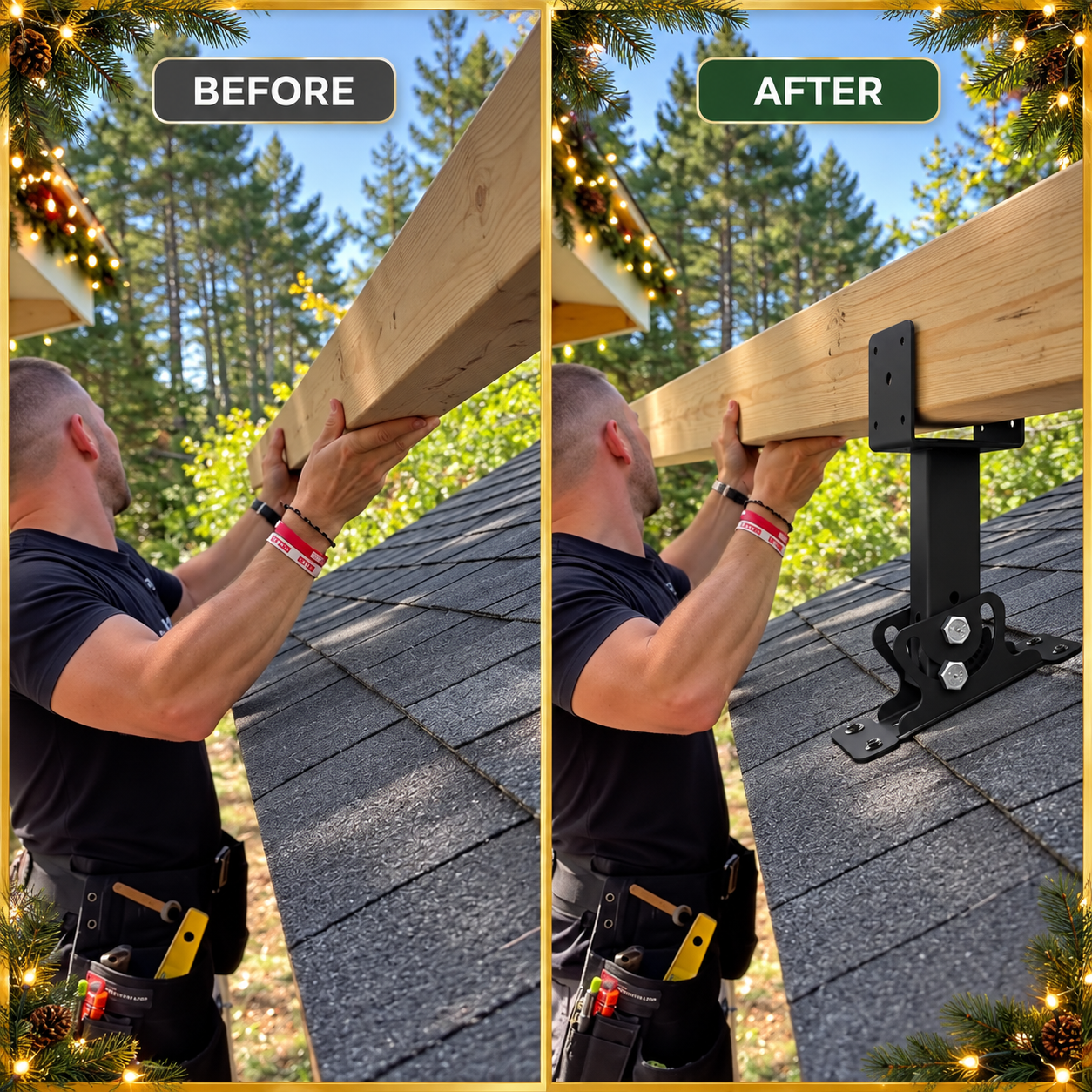 Before and after comparison showing a beam aligned with the adjustable roof riser bracket