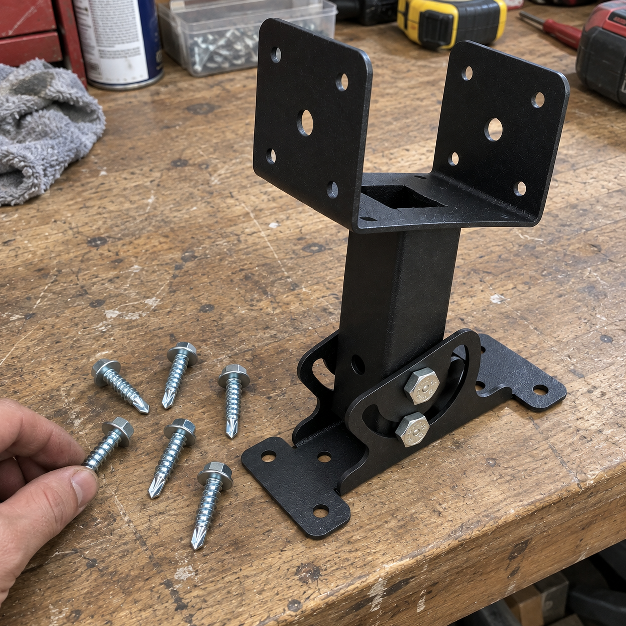Casual handheld workbench photo of one black adjustable roof riser bracket and six installation screws