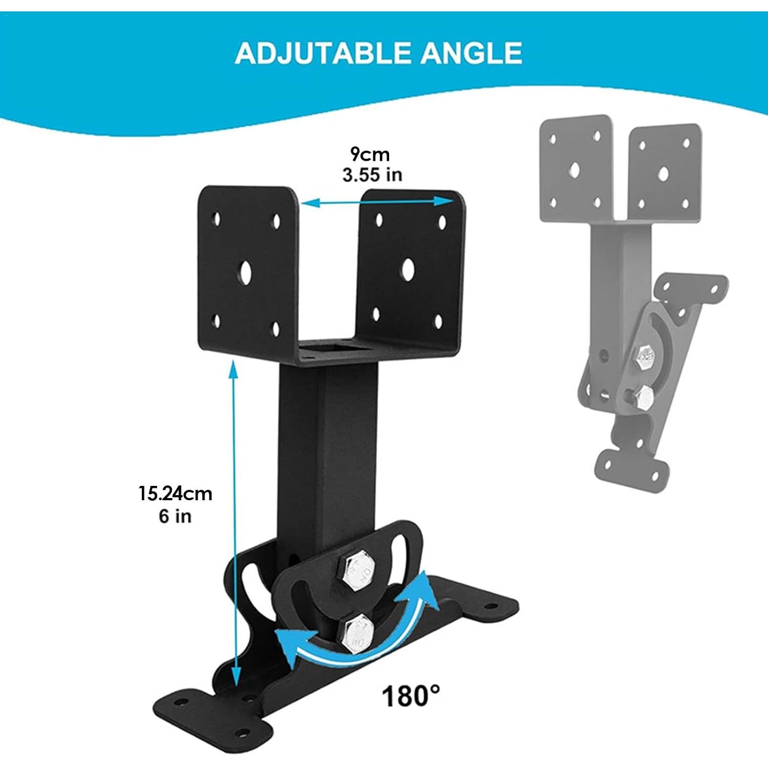 Roof riser bracket dimensions showing 6 in height, 3.55 in saddle opening and 180 degree adjustment
