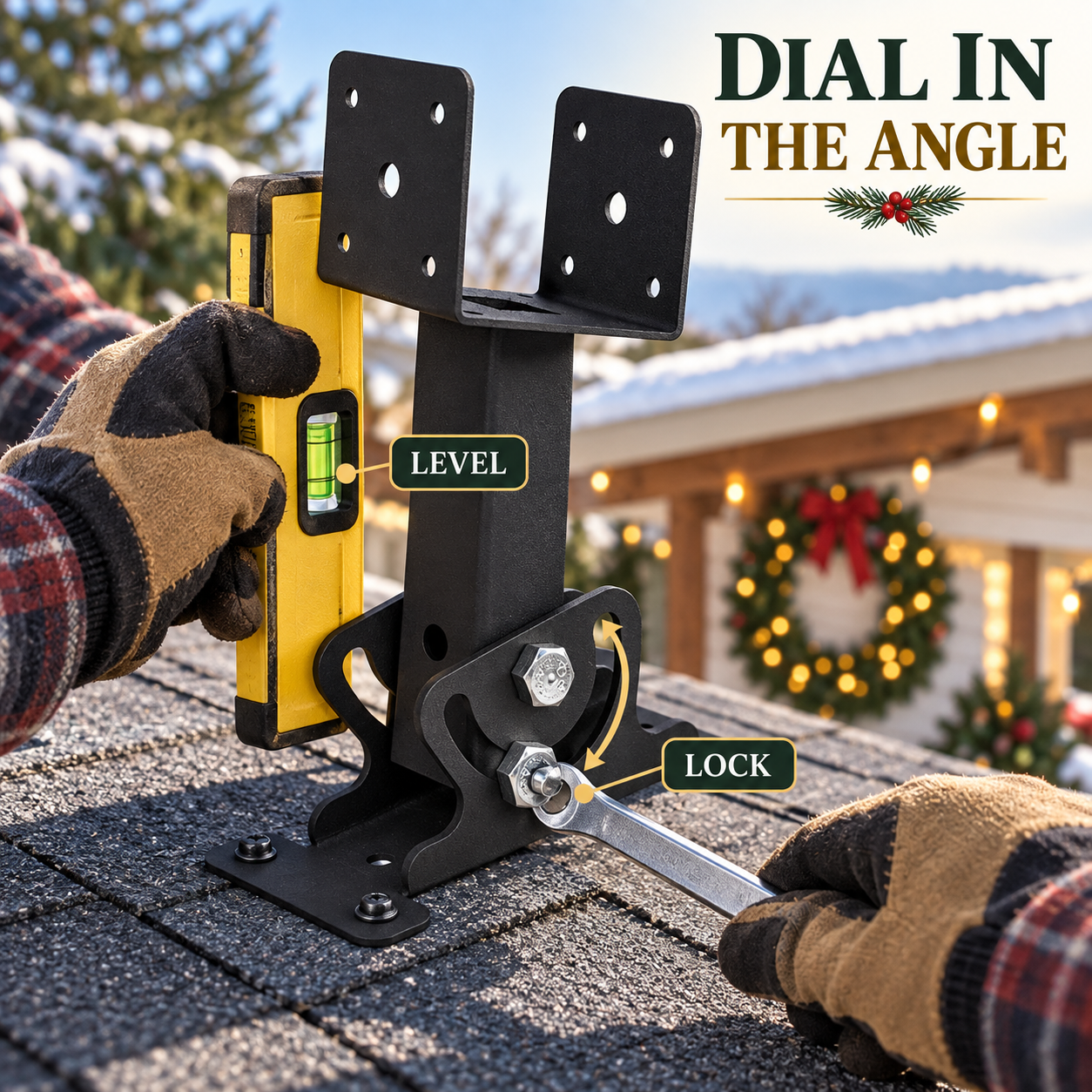 Installer leveling and locking the black adjustable roof riser bracket