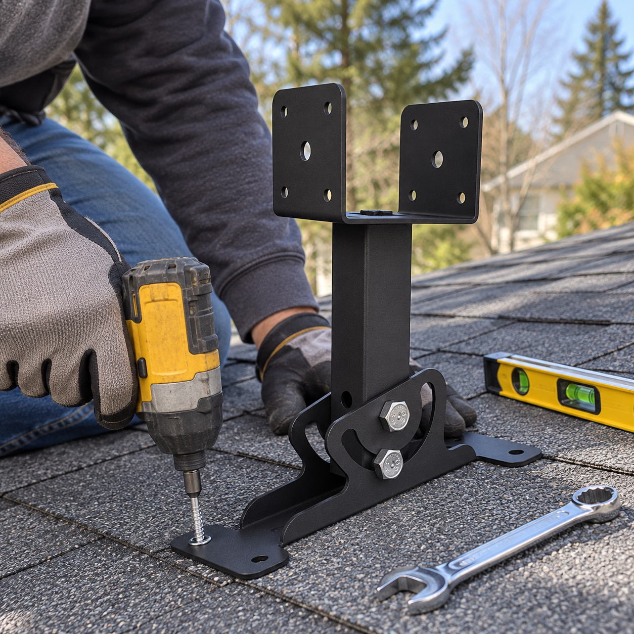 Installer driving a screw through the flat foot of the roof riser bracket