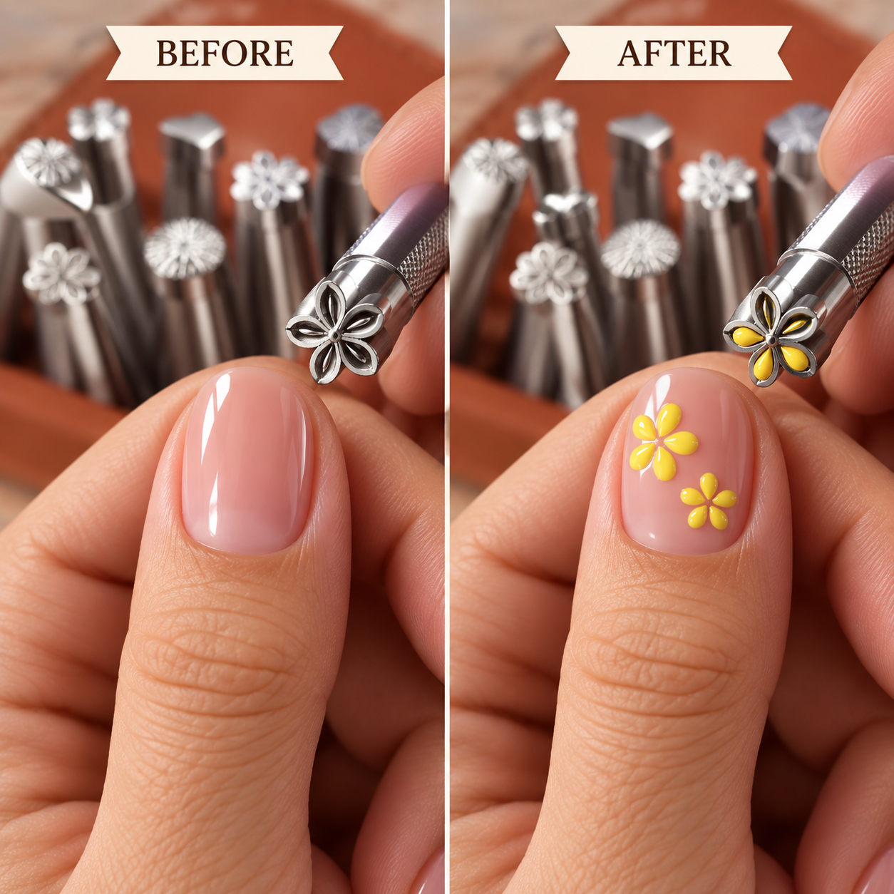 Before and after comparison of a plain nail and the same nail with small stamped flower motifs