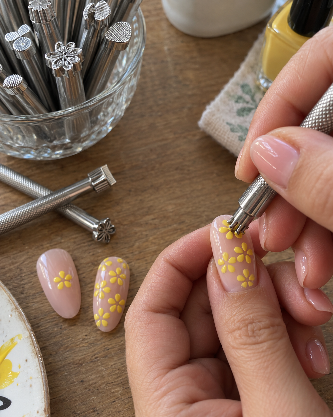 Repeated press-and-lift placements building a fuller yellow flower pattern on prepared nails