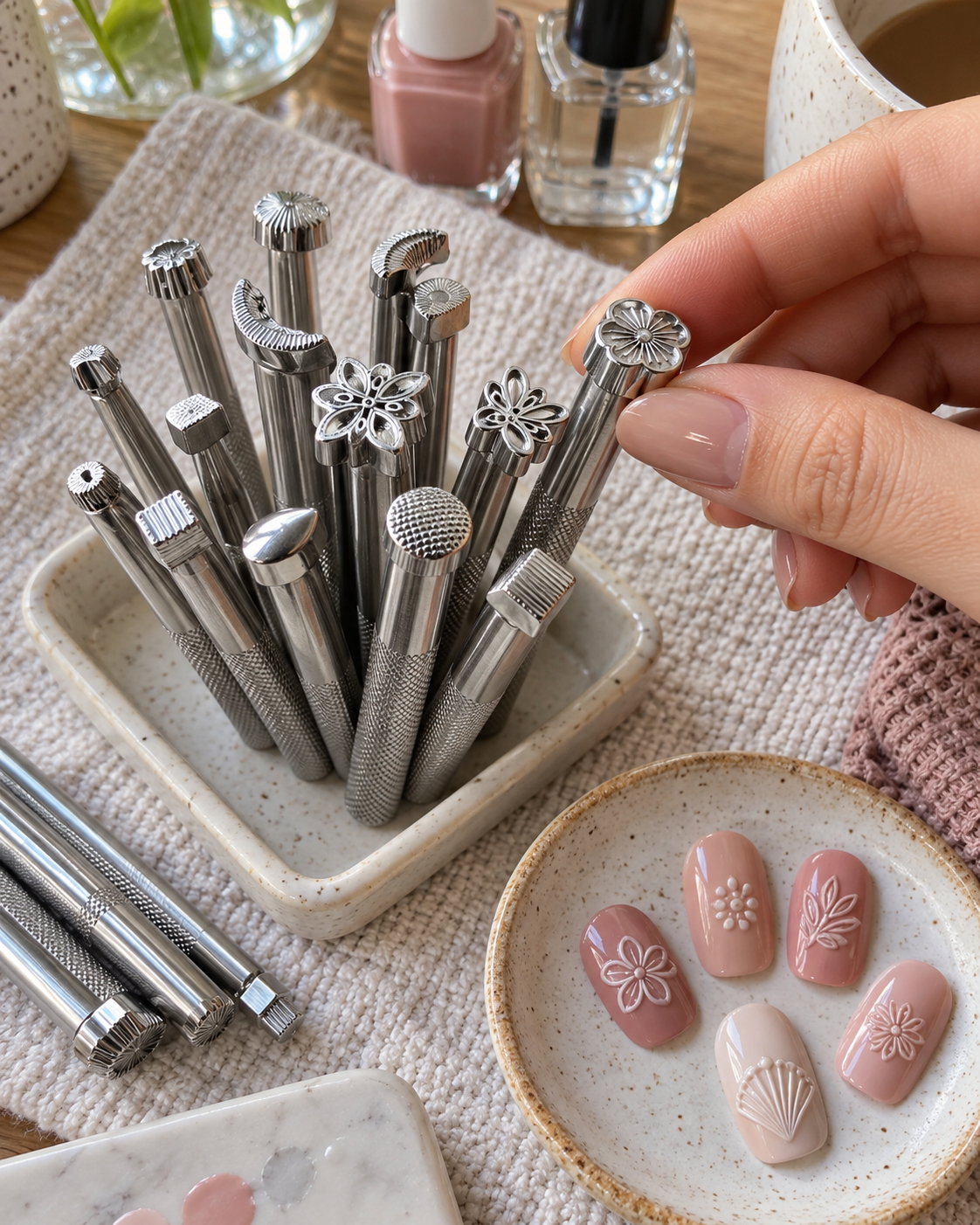 Hand selecting from assorted silver-tone fixed pattern faces beside finished practice nail motifs