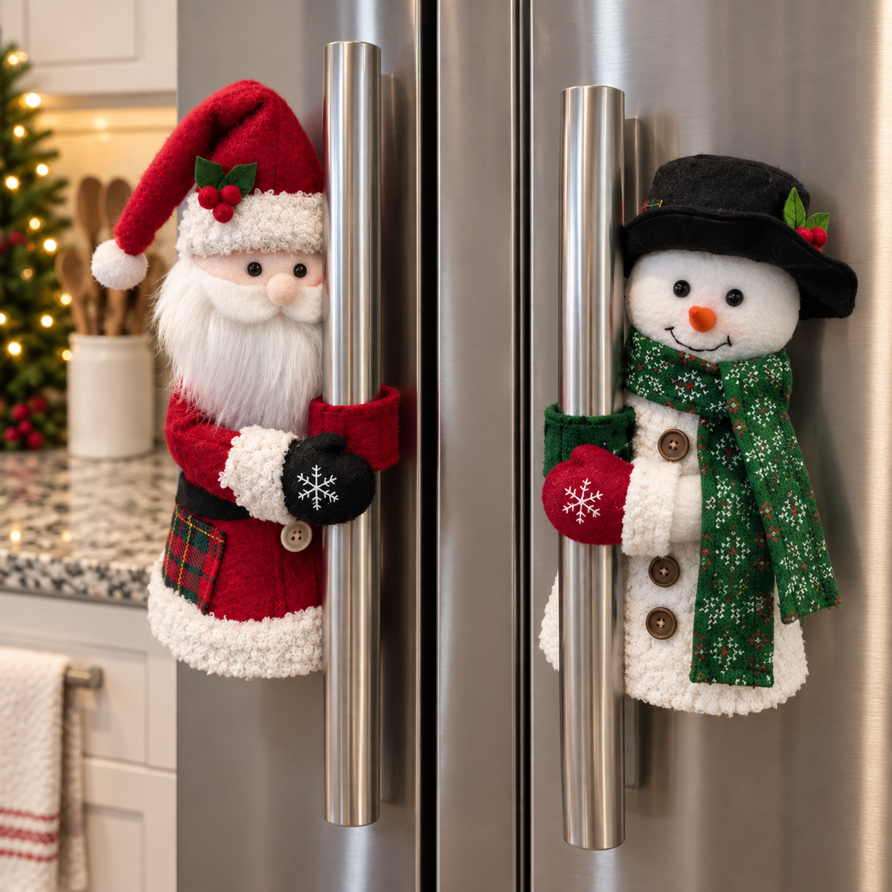 Snowman handle hugger shown on a straight vertical refrigerator handle beside another straight cabinet handle